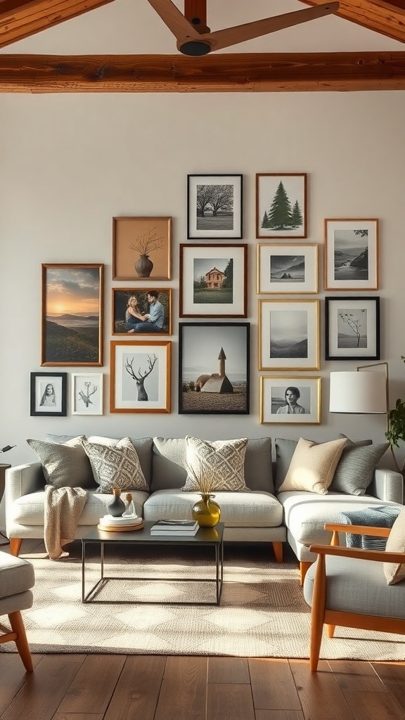 A cozy living room featuring a gallery wall of framed artwork, showcasing a mix of personal photos and nature-inspired images.