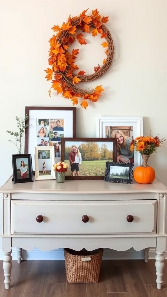 A dresser decorated for autumn with a wreath of orange leaves, framed photos, flowers, and a small pumpkin.