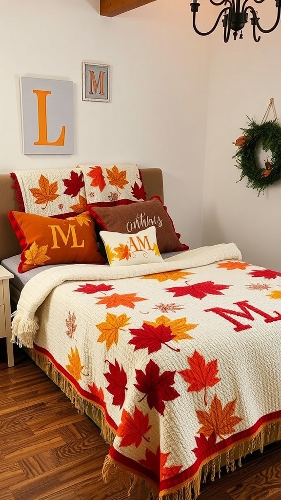 Cozy fall-themed bedroom with a quilt featuring colorful leaves and decorative pillows.