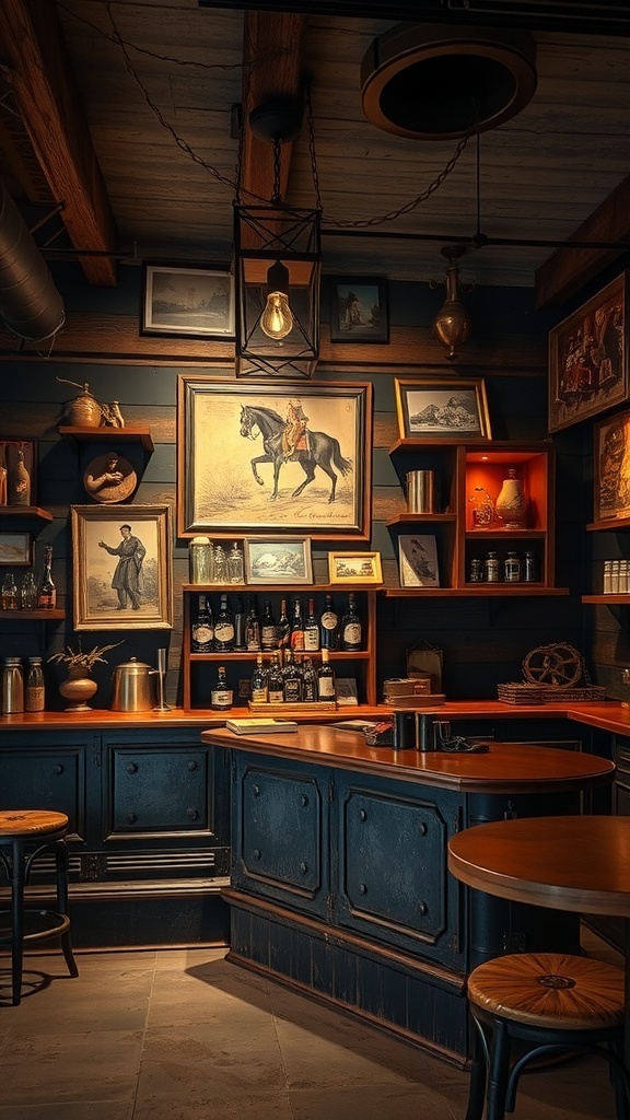 Wooden bar sign hanging in a rustic basement bar