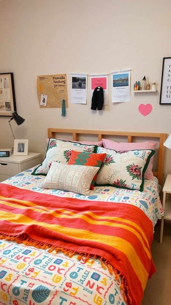 A colorful dorm room bed with patterned bedding and decorative pillows.