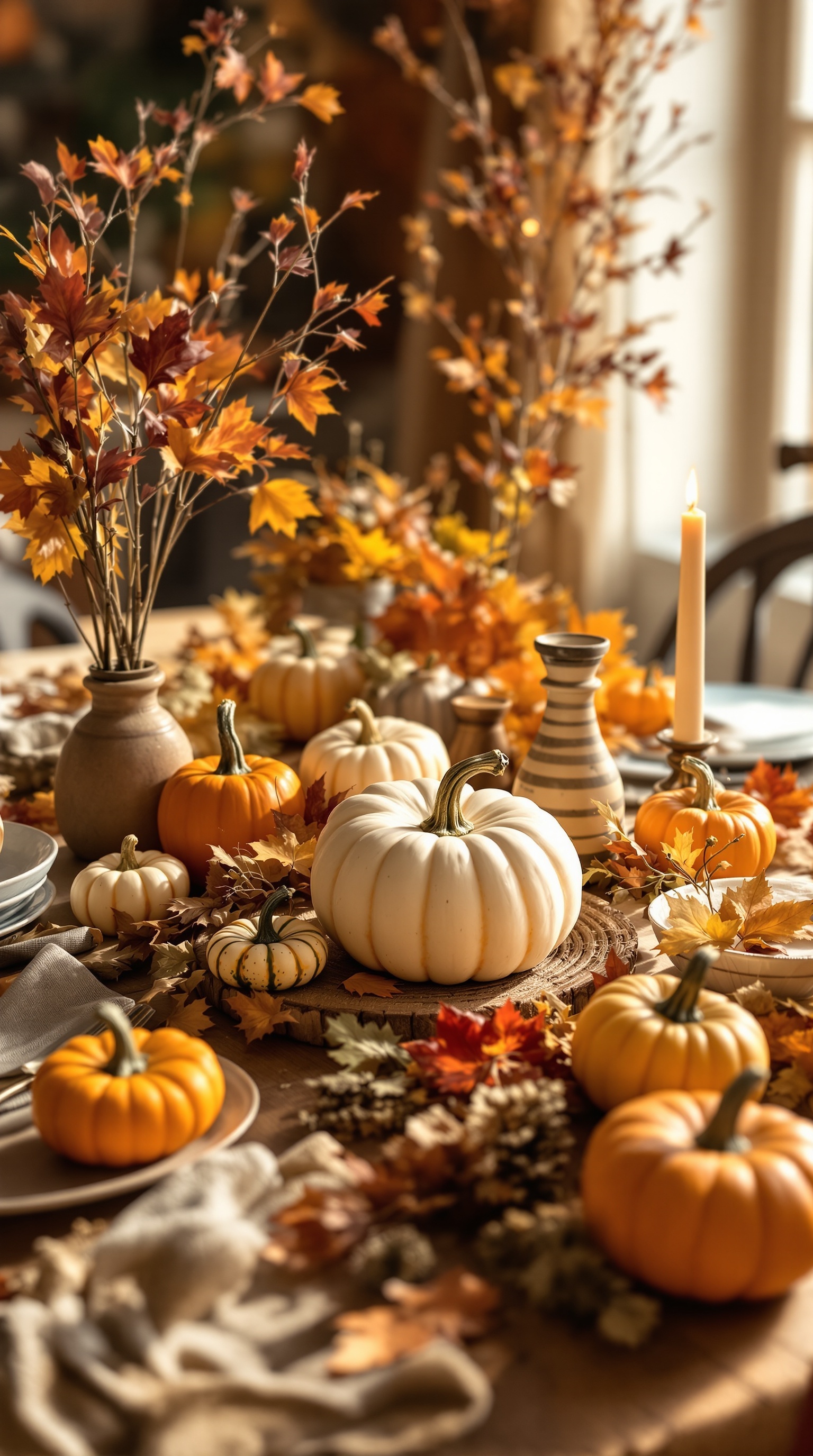 A beautifully decorated Thanksgiving table featuring pumpkins, personalized signs, and warm bokeh lights.