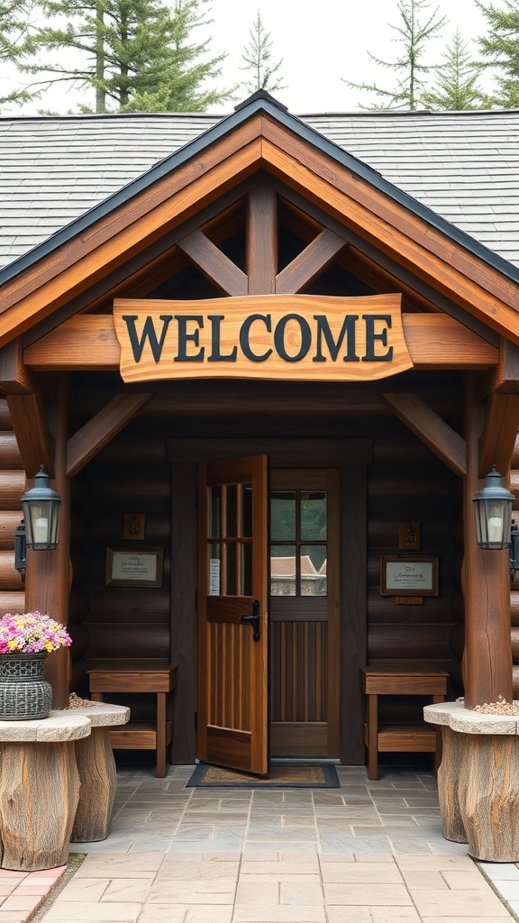 A log cabin entrance with a large wooden 'WELCOME' sign above the door.