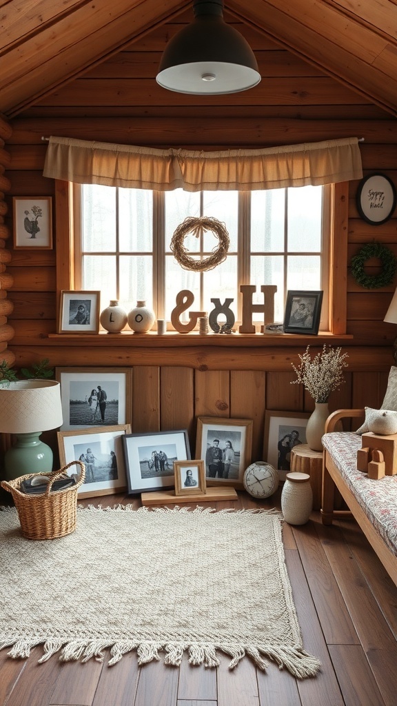 A cozy cabin interior with wooden walls, framed photos, and a warm rug.