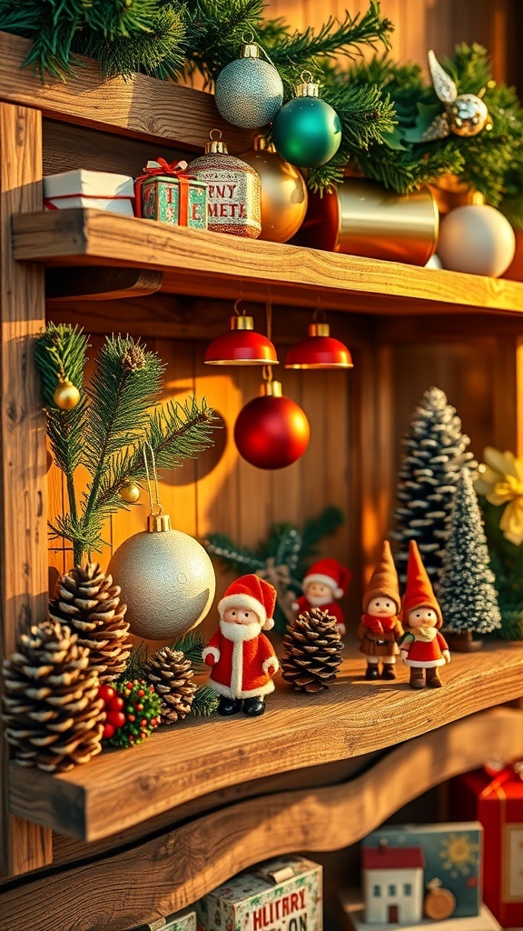 A cozy display of personalized Christmas decorations including ornaments, photos, and festive figures.