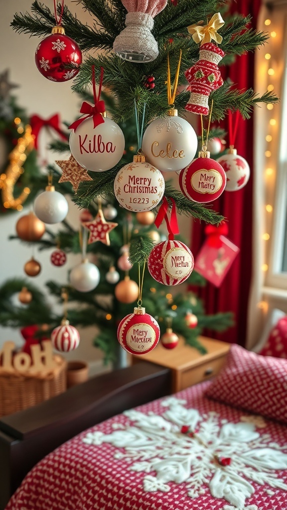 A beautifully decorated Christmas tree with personalized ornaments and a cozy bedroom setting.