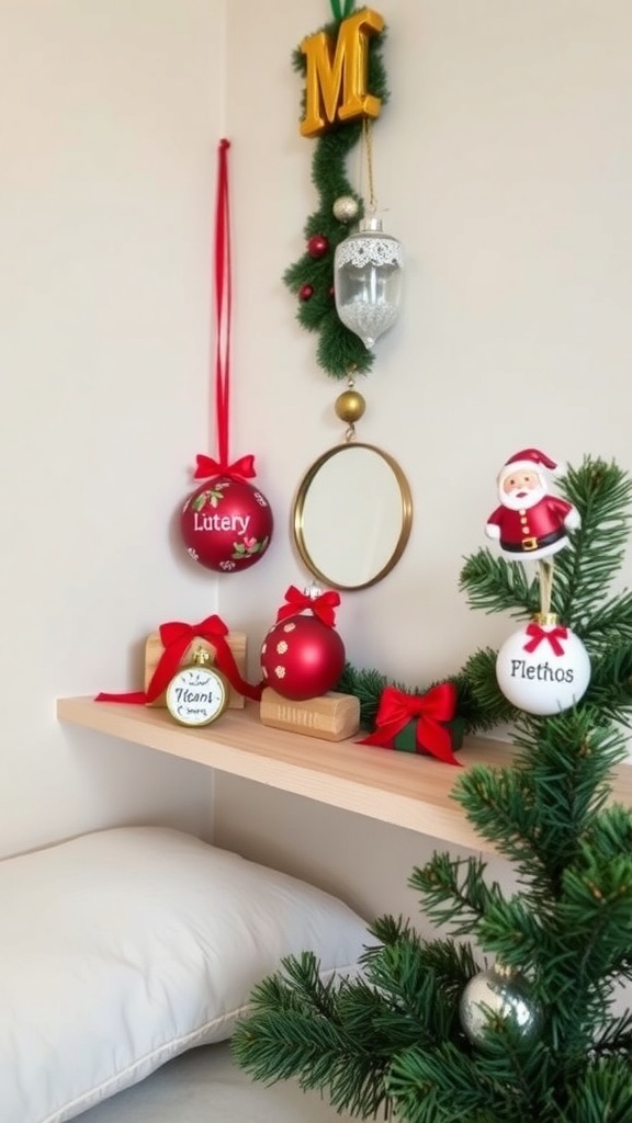 A cozy Christmas bedroom decor featuring personalized ornaments on a shelf and a small tree.