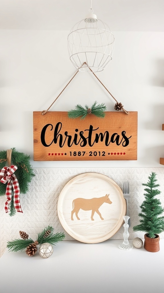 A wooden Christmas sign with the year 1887-2012, decorated with greenery and festive elements.