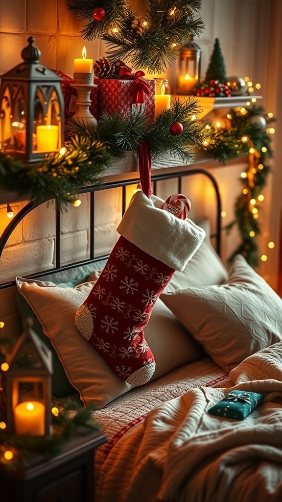 Two personalized Christmas stockings hanging by a fireplace, decorated with festive elements.
