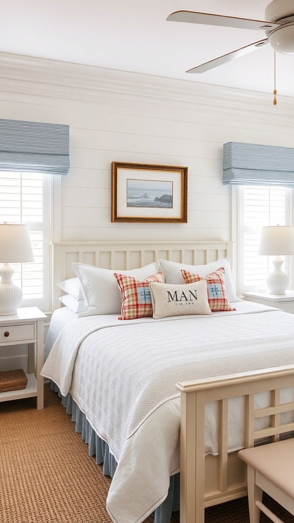 A coastal-themed bedroom with white bedding, blue accents, and personalized pillows.