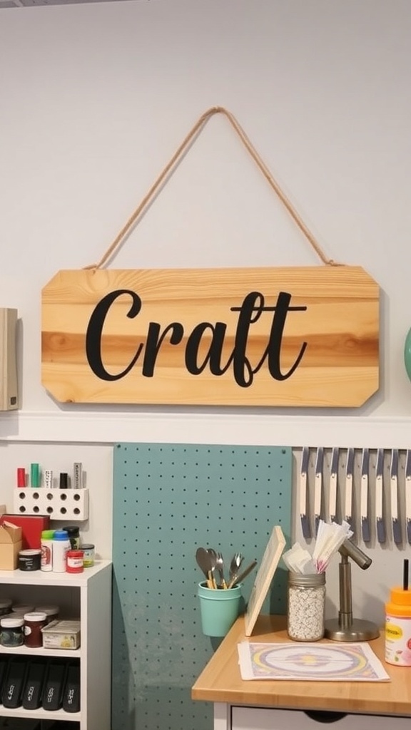 A personalized wooden sign with the name 'Chaona' hanging in a craft room, surrounded by various crafting supplies.