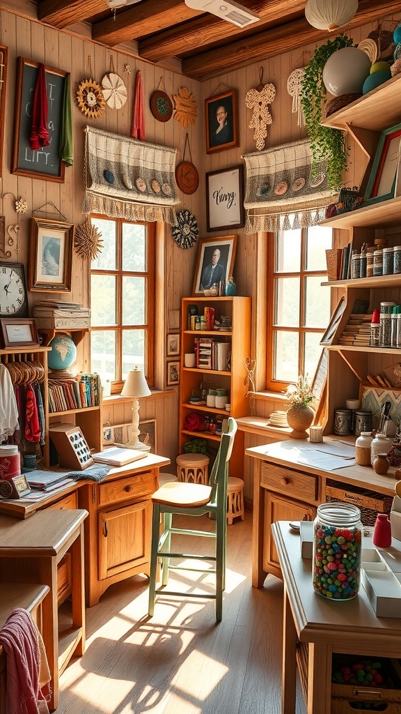 A cozy craft room with personalized decor, including signs and colorful storage.