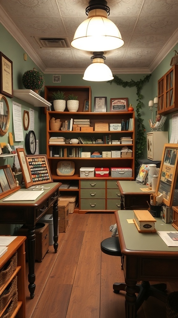A vintage-style craft room with organized shelves, two crafting tables, and warm lighting.