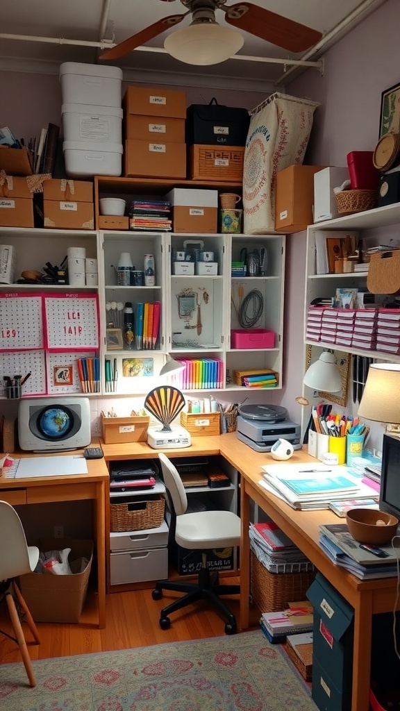 A well-organized craft room with colorful supplies, storage boxes, and a cozy workspace.