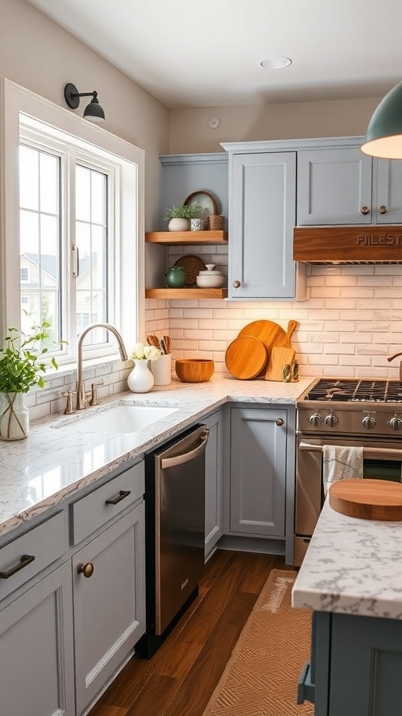 A cozy farmhouse kitchen with light blue cabinets and a marble countertop.