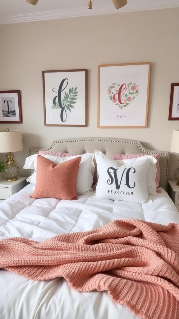 A cozy teen girl's bedroom featuring personalized decor elements like framed initials and floral art.