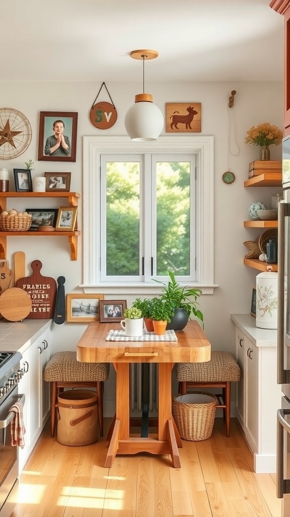 Cozy kitchen nook with wooden table, plants, and personalized decor.