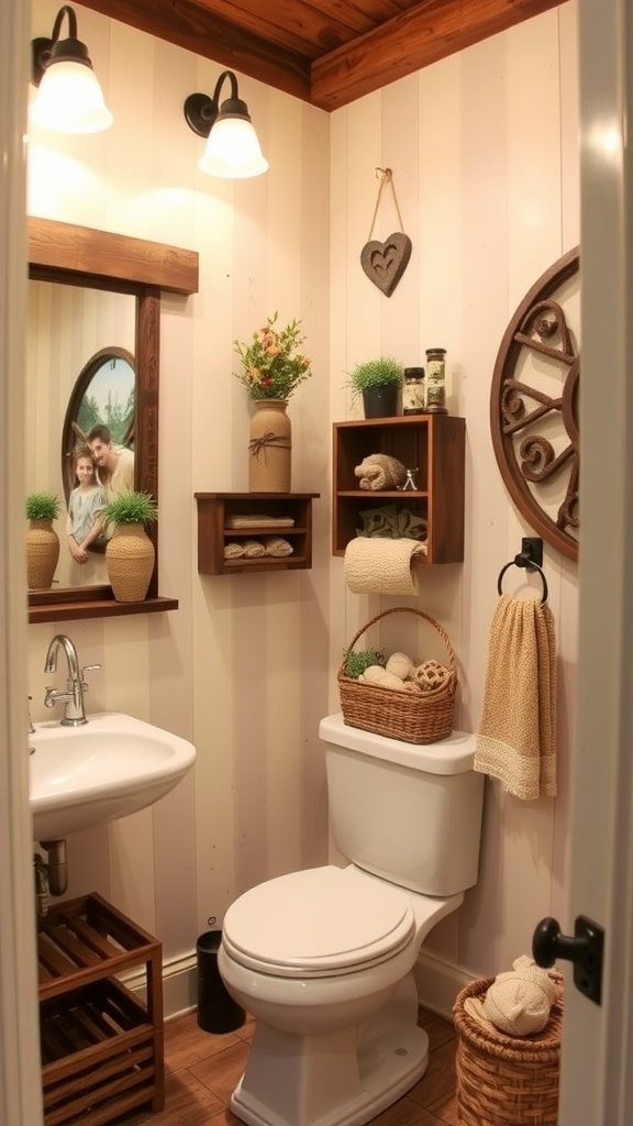 A cozy rustic bathroom featuring personal decor, including photos, shelves, and plants.