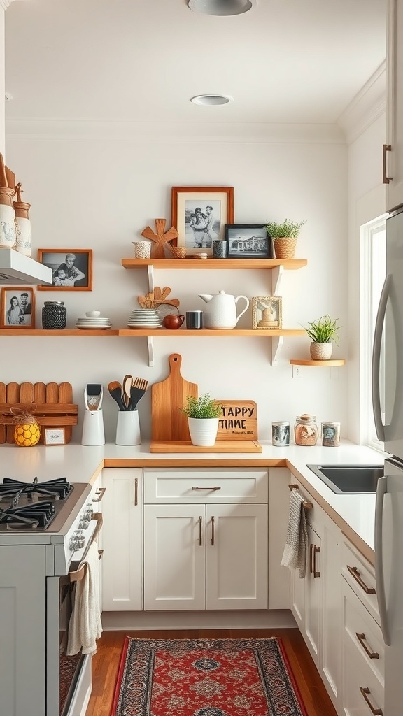 Cozy small farmhouse kitchen with personalized decor including family photos and unique kitchenware.