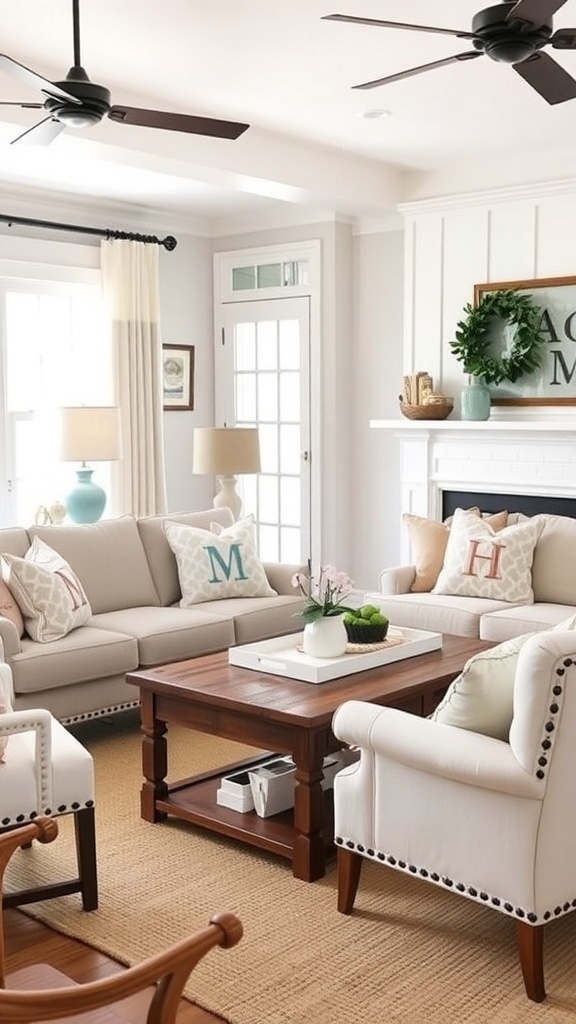 Cozy farmhouse living room with personalized decor, featuring monogrammed pillows and a warm color palette.