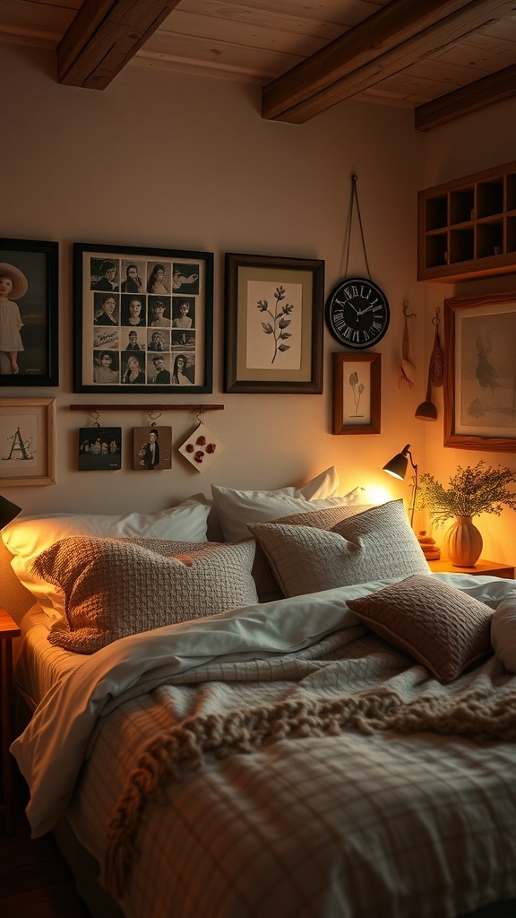 A cozy modern rustic bedroom with personalized decor including framed art and soft bedding.