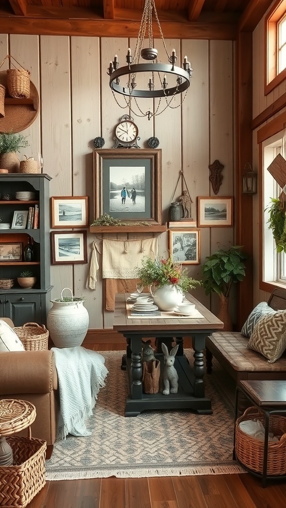 Cozy rustic house interior with personalized decor including family photos and handmade items.