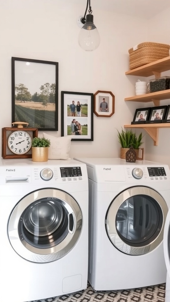A cozy laundry room with personalized decor, including family photos and a decorative basket.