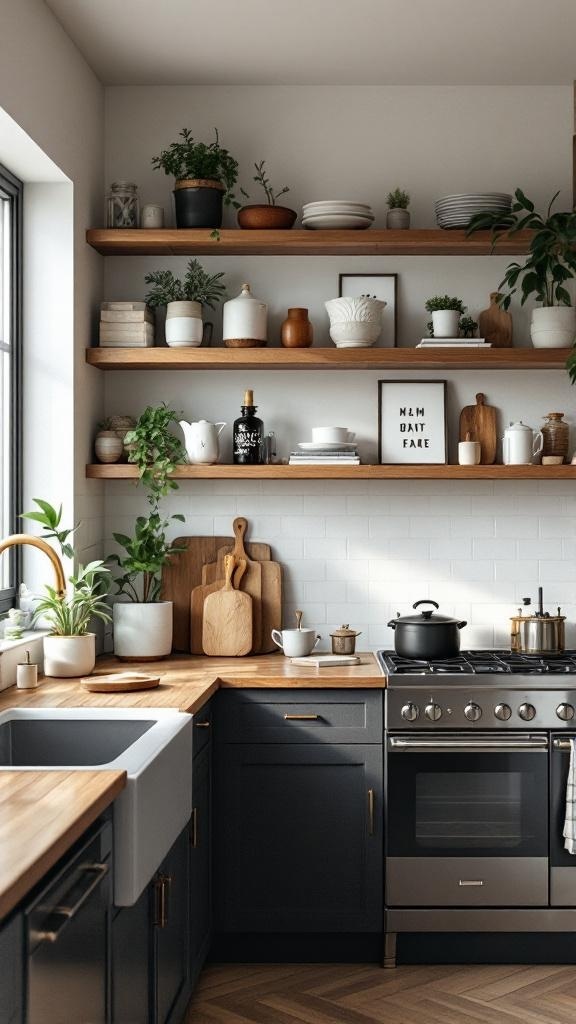 A modern kitchen with open shelves displaying plants and decorative items.
