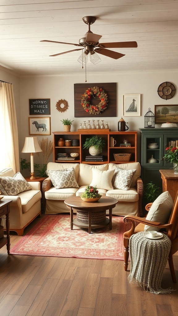 A cozy farmhouse living room with neutral furniture, decorative pillows, wall art, and rustic decor.