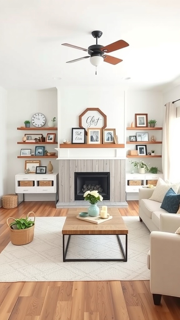 Cozy modern farmhouse living room with wooden shelves, plants, and a neutral color palette.
