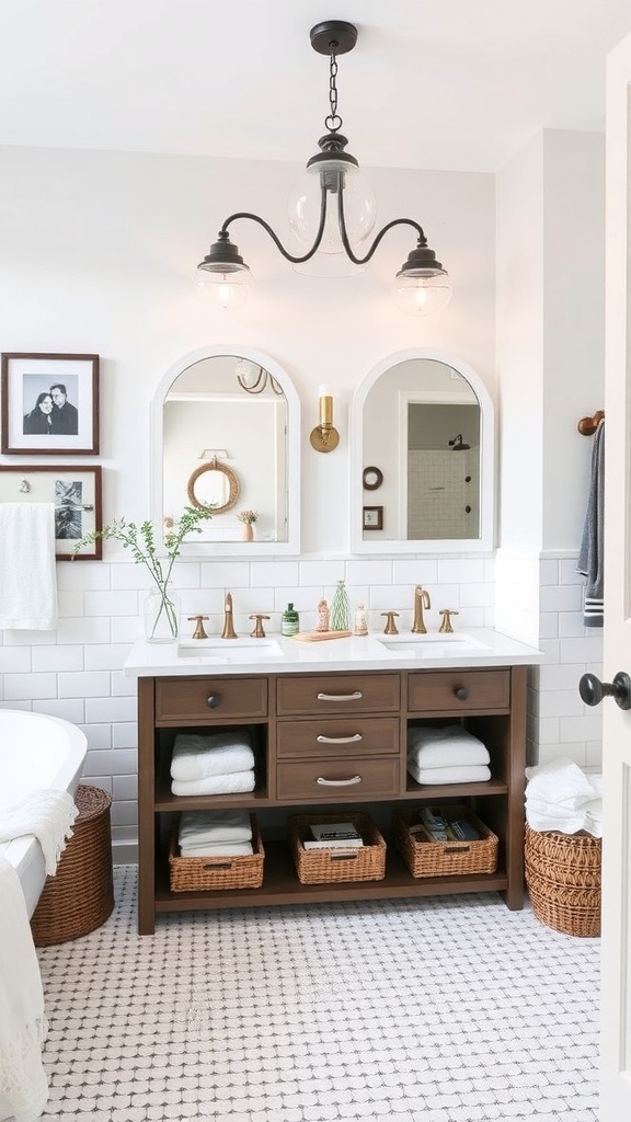 A modern farmhouse master bath featuring a stylish vanity, mirrors, and personalized decor.