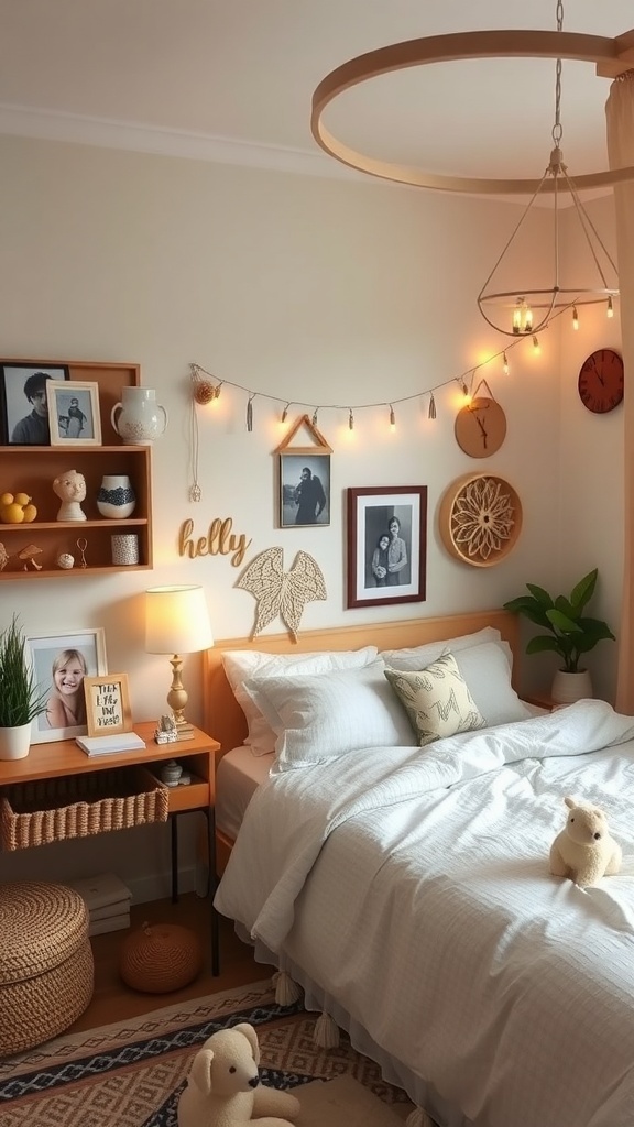 Cozy farmhouse bedroom with personalized decor including photos and handmade items.