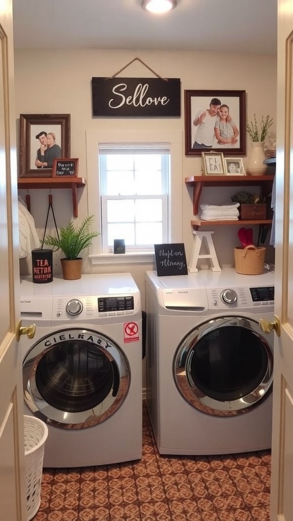 A cozy laundry room with personalized decor, featuring a sign, framed photos, and open shelves.
