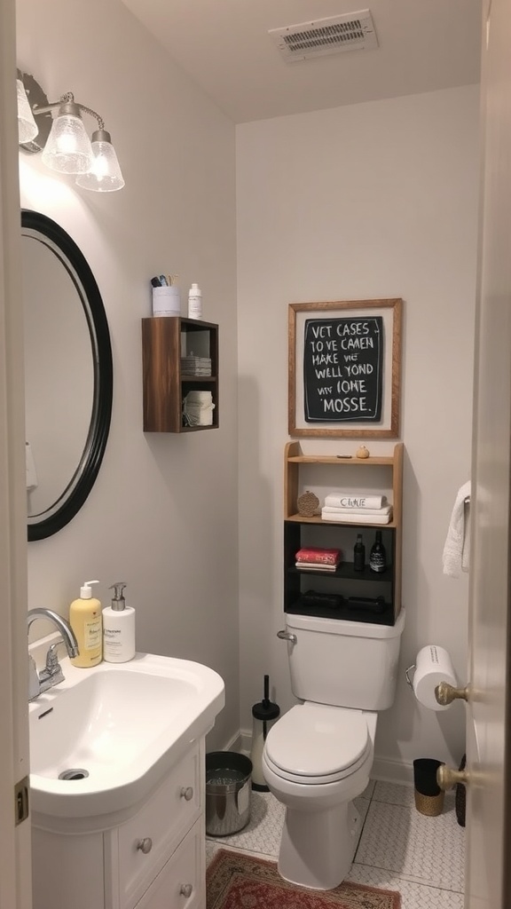 Cozy bathroom with modern sink, toilet, mirror, and personalized decor