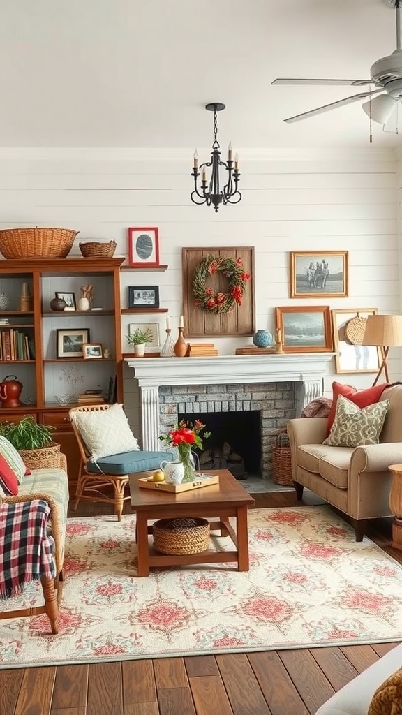A cozy small cottage living room with personalized decor, including family photos, a wreath, and colorful cushions.