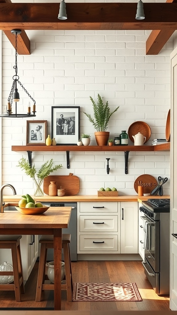 A cozy industrial farmhouse kitchen with wooden shelves, plants, and family photos.