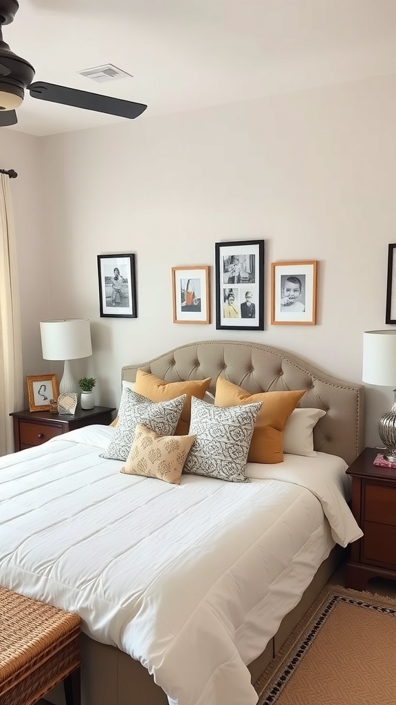 A cozy modern farmhouse bedroom with a bed adorned with pillows, framed photos on the wall, and warm lighting.