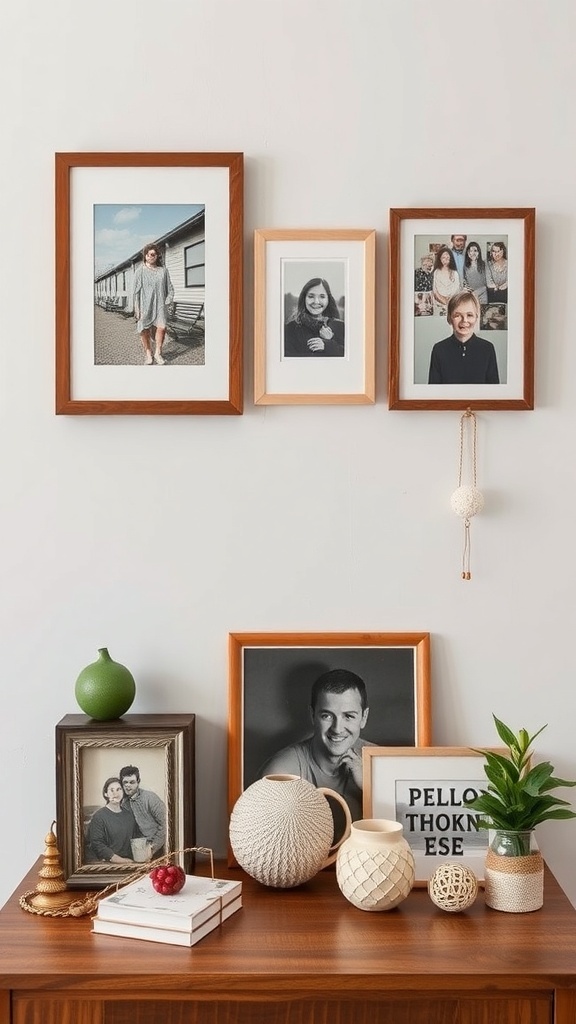 A collection of framed photos and decorative items on a wooden table.