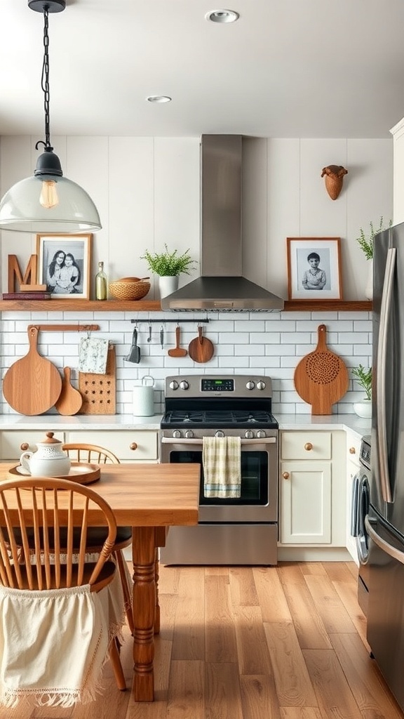 A rustic modern kitchen featuring wooden decor, family photos, and a warm atmosphere.