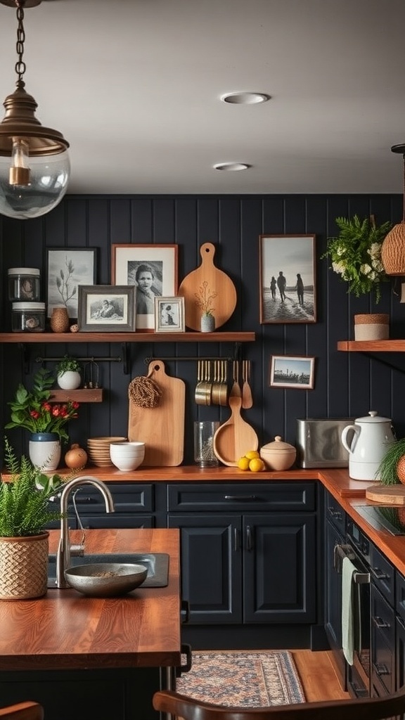 A dark rustic kitchen featuring wooden decor, framed photos, and plants.
