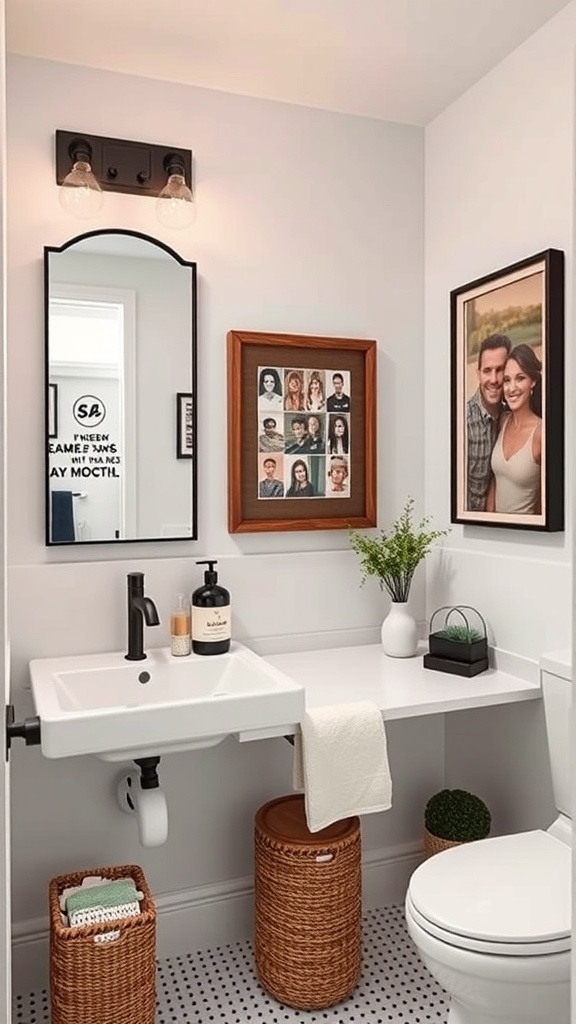A rustic modern bathroom featuring family photos, plants, and stylish storage.