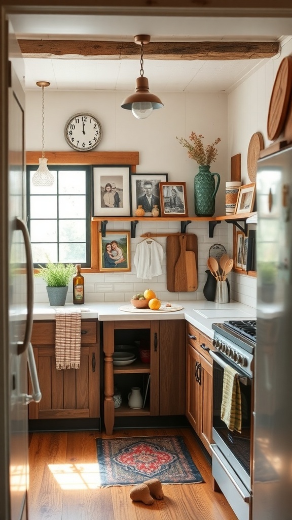 A small rustic kitchen featuring wooden cabinets, a cozy rug, and personal decor items.