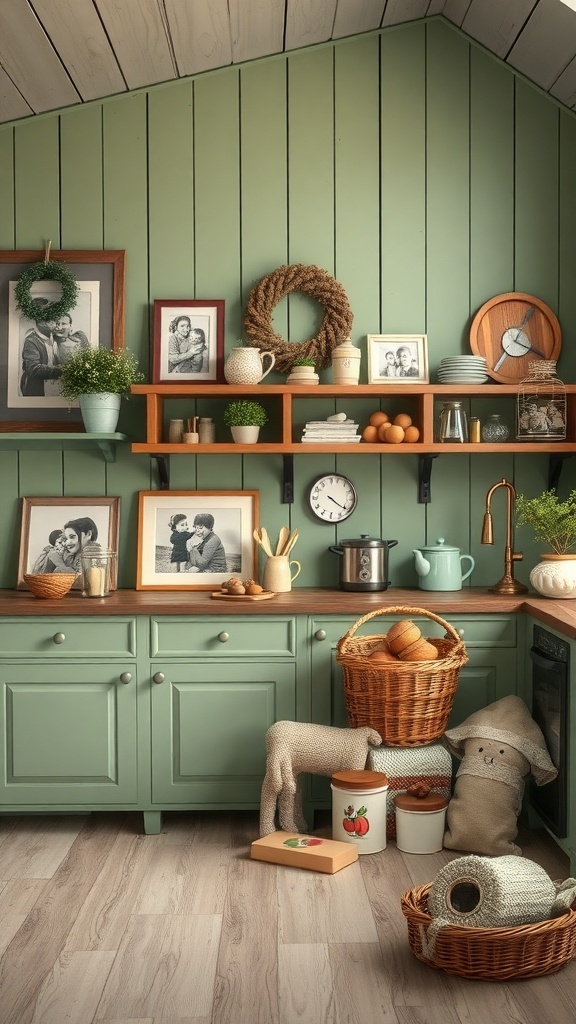 A rustic green kitchen with personal decor including family photos, potted plants, and woven baskets.