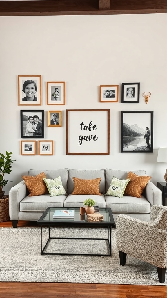 A modern living room with a gray sofa, decorative pillows, a coffee table, and a gallery wall of framed photos.