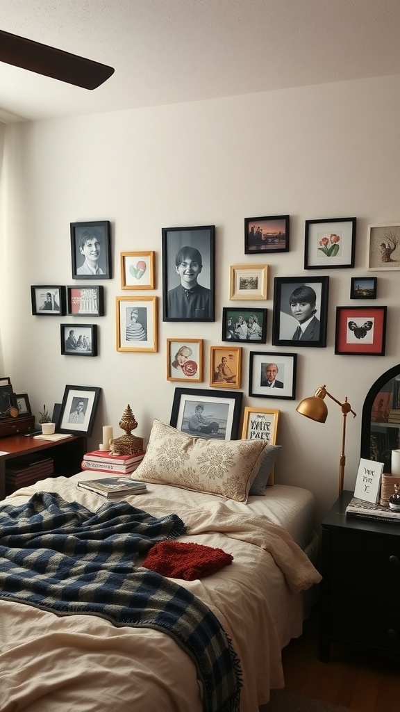 A cozy bedroom with a wall of framed photos, inviting bed, and warm decor.