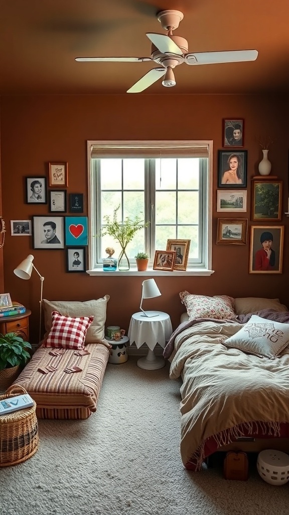 Cozy brown bedroom with personal decor and soft furnishings.