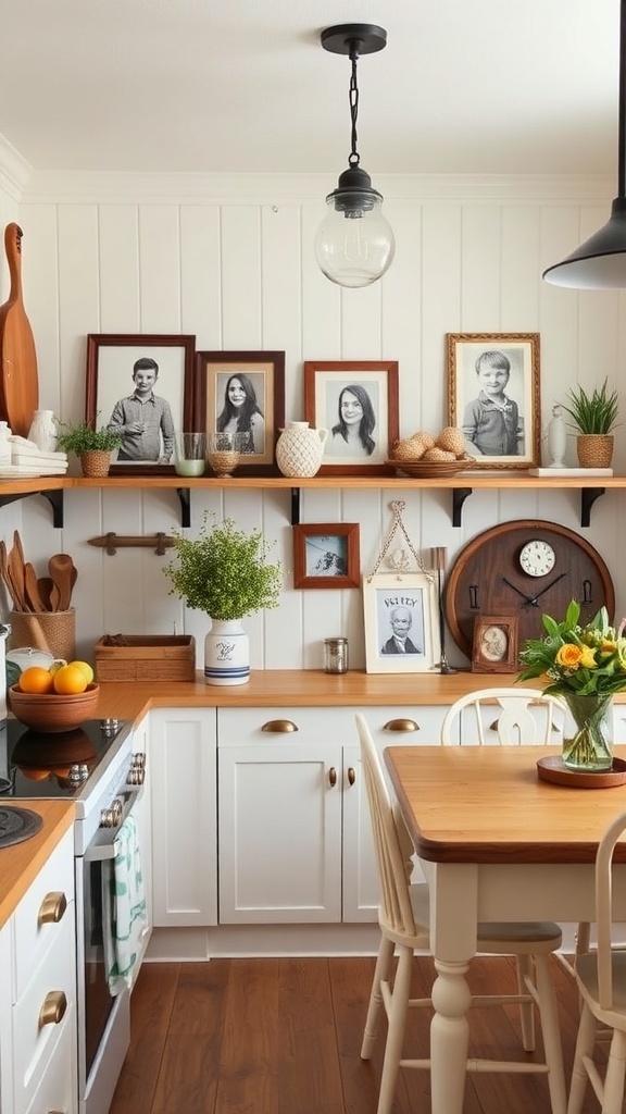 A cozy farmhouse kitchen with family photos and heirlooms on display.