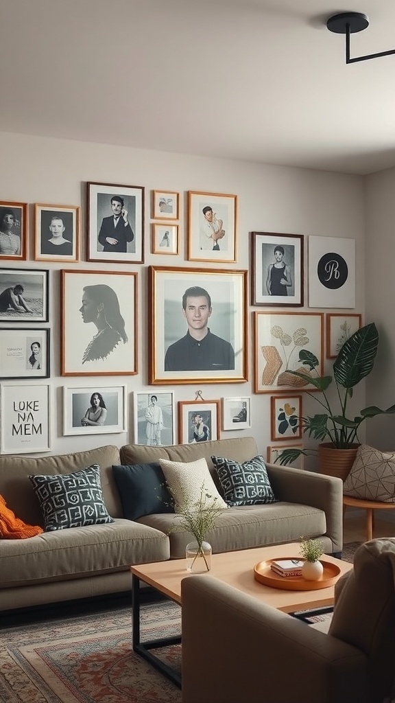 A cozy living room featuring a gallery wall of framed photos and art pieces.