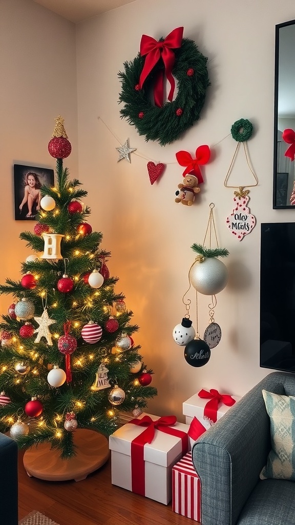 A small Christmas tree decorated with personalized ornaments and family photos in a cozy apartment.