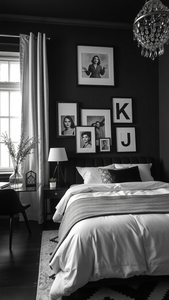 A stylish black and white bedroom featuring framed artwork, a cozy bed, and elegant decor.